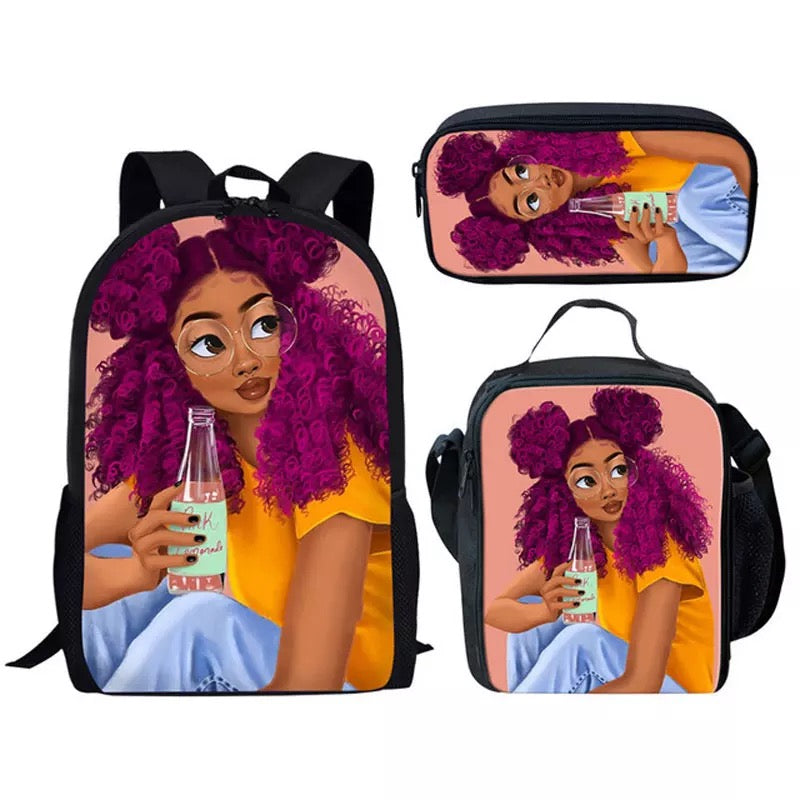 Print African American Red hair Black Art Girls backpack Set with Lunch Bag pencil bag for Girls