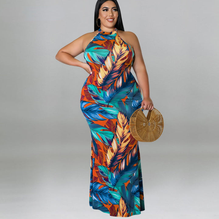 Plus Size Women Double Wear Leaf Print Sleeveless Mermaid Bodycon Maxi