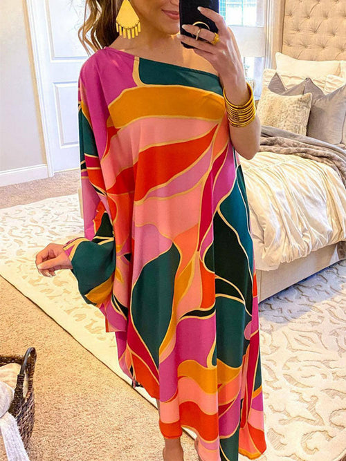 Block Color Print Off Shoulder Beach Party Dress