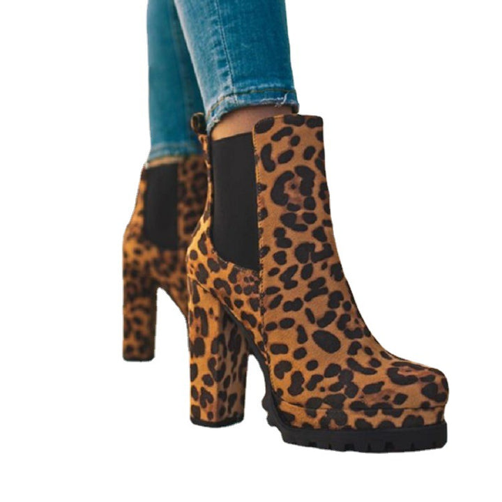 Round-toe Ankle Boots Solid Leopard Print Thick Square High Heel Shoes Ladies Casual Fashion Autumn Winter Suede Dress Party Boots