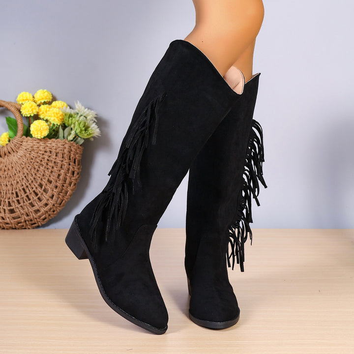 Winter Fringe Chunky Heel Long Boot Fashion Slip On Suede Retro Tassel Boots Women's Pionted Toe Shoes Women Western Cowboy Boot