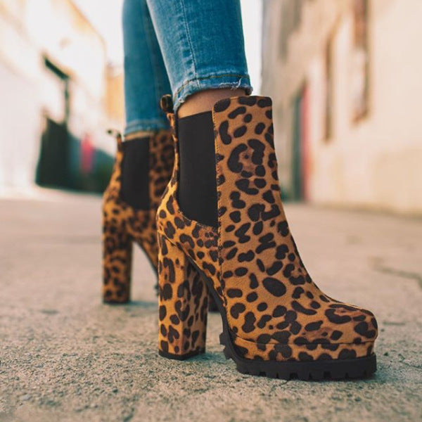 Round-toe Ankle Boots Solid Leopard Print Thick Square High Heel Shoes Ladies Casual Fashion Autumn Winter Suede Dress Party Boots