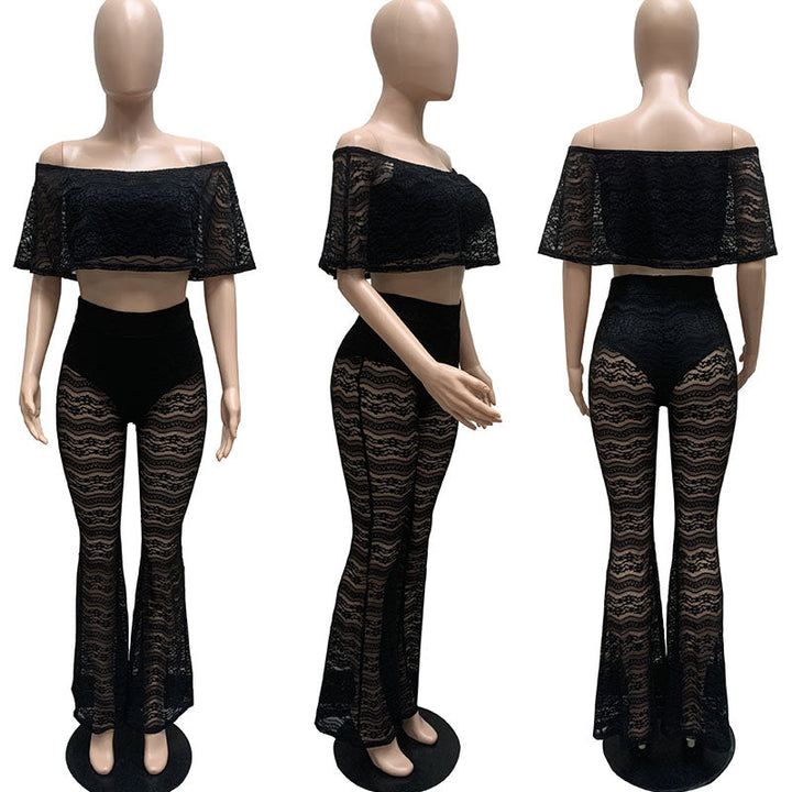 Black Lace Sheer Off Shoulder Ruffles Crop Top and Flare Pants Outfits
