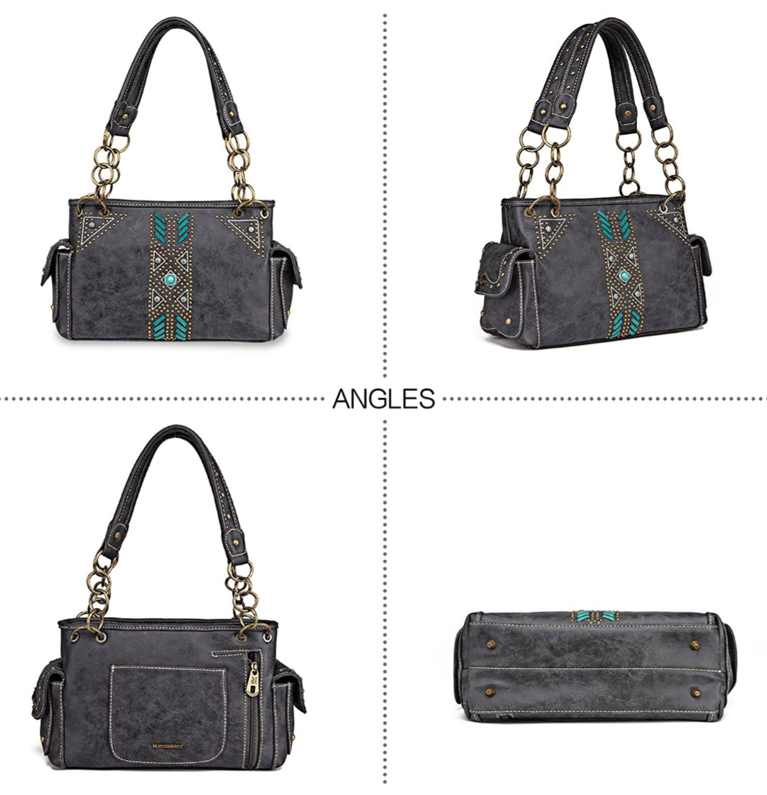 Concealed Carry Tote Bag for Women Leather Embroidered Western Design Satchel with Wallets Set