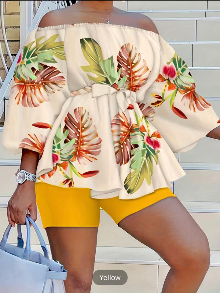 Summer Two Piece Outfits Casual Floral Print Long Sleeve Shirt Tops Shorts Set