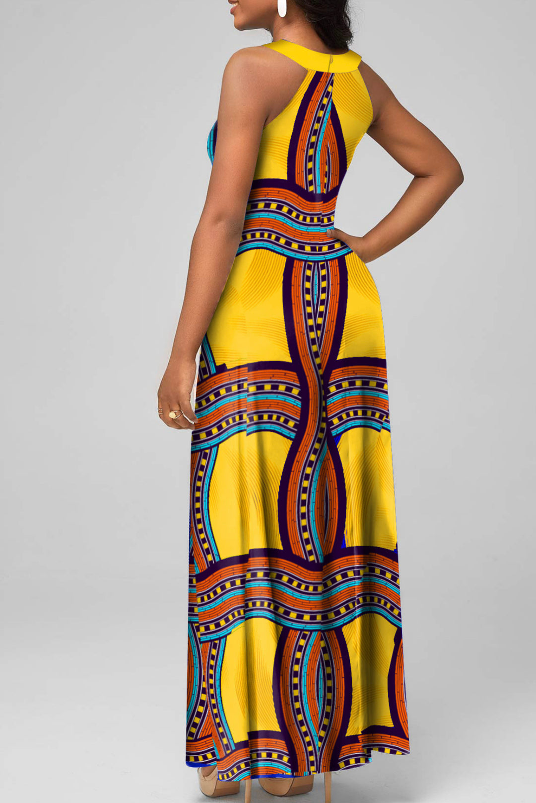 Beautiful Cage Neck Tribal Print Yellow Sleeveless Maxi Dress