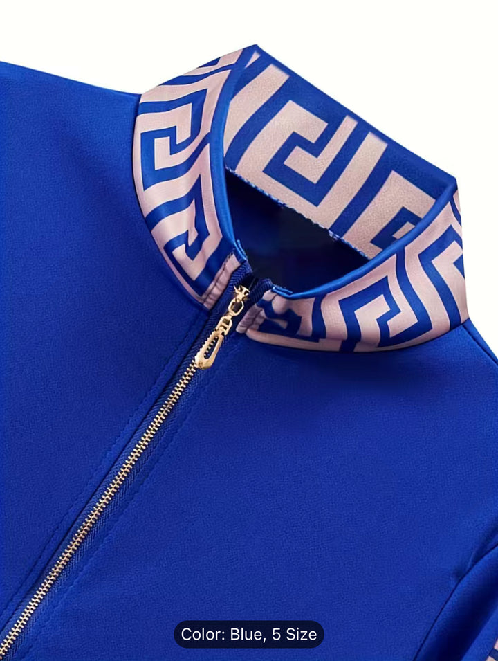 Blue Casual Geo Print Two-piece Set, Long Sleeve Zip Up Top & Slant Pockets Pants