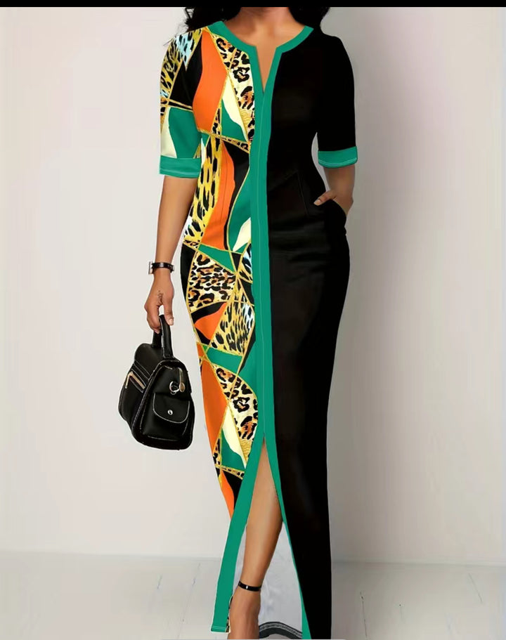 Leopard Print Splicing Dress, Casual Notched Neck Split Maxi Dress, Women's Clothing