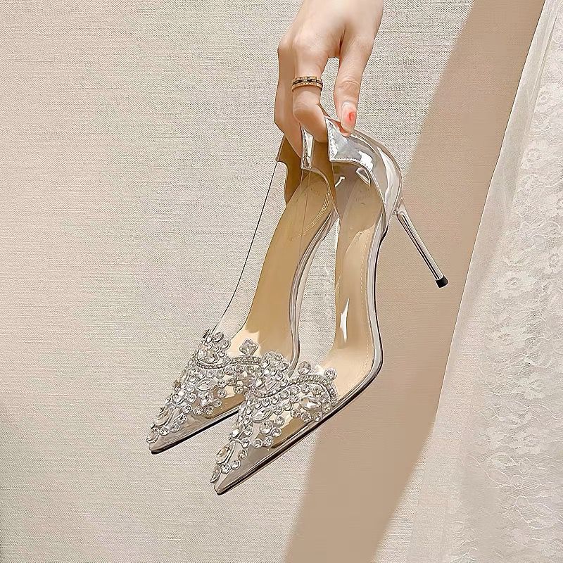 PVC Transparent High Heel Pointed Toe Rhinestone Champagne Wedding Shoes
