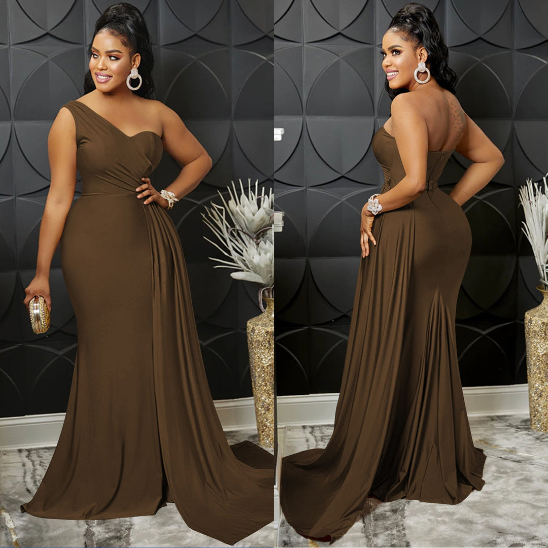 Solid Color Bodycon One-Shoulder Sleeve Long Dress for Women