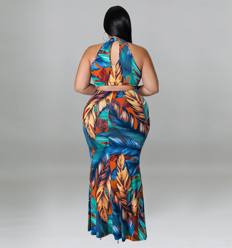Plus Size Women Double Wear Leaf Print Sleeveless Mermaid Bodycon Maxi