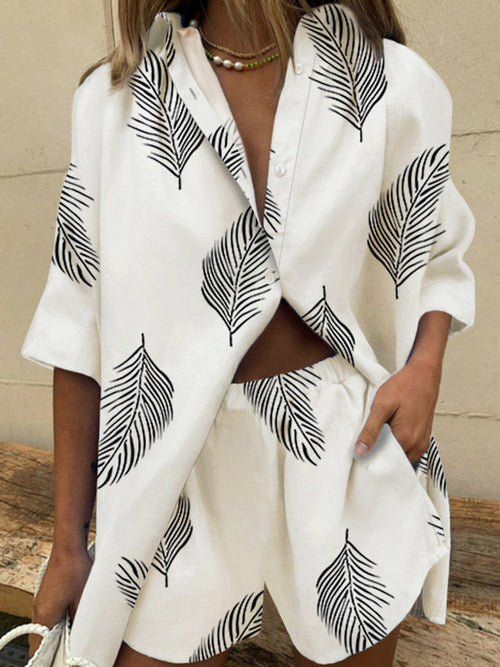 Print Bohemia Vacation Short Sleeve Cardigan Top + Elastic Waist