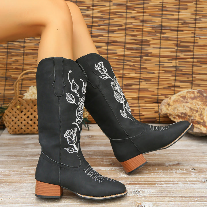 Flower Embroider Mid Calf Cowboy Boots Women Autumn Winter Chunky Heels Western Boots Square Toe Denim Long Boots Fashion Shoes