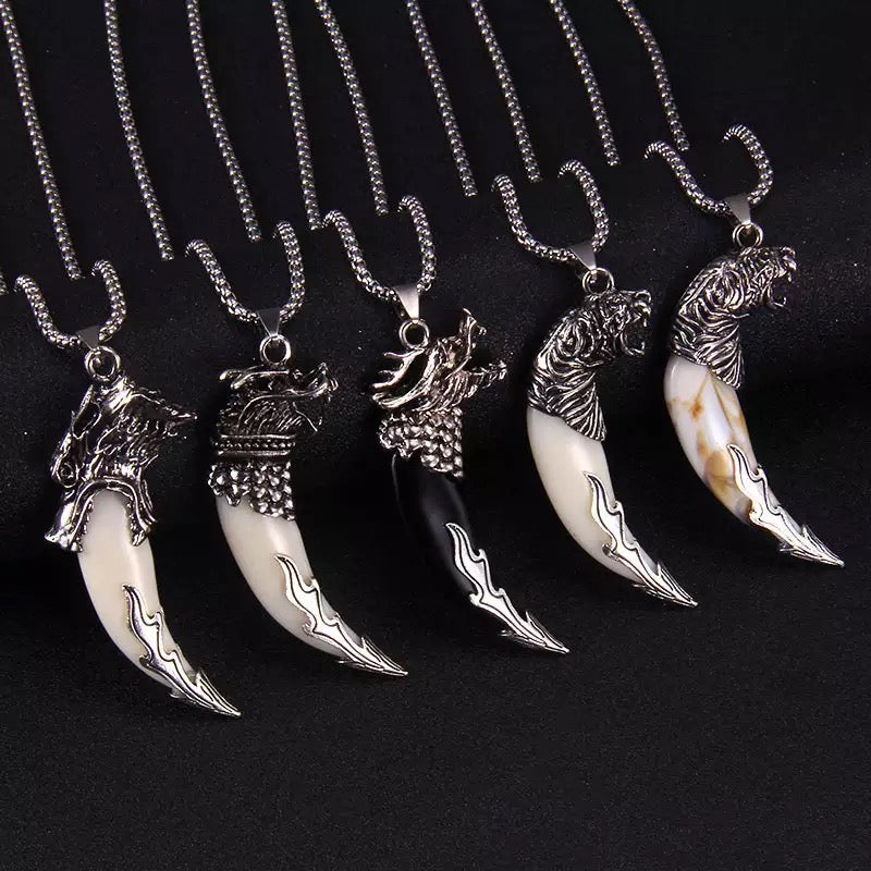 20 Mens Wolf Animal Pendant Necklace Retro Wolf Dog Head Tooth Fang Spear Leather Necklace