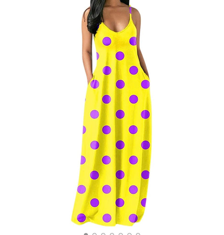 Sayhi Spaghetti Strap V-Neck Polka Dot Print Dress Sleeveless Flowy Long Beach Maxi Dress Sundress