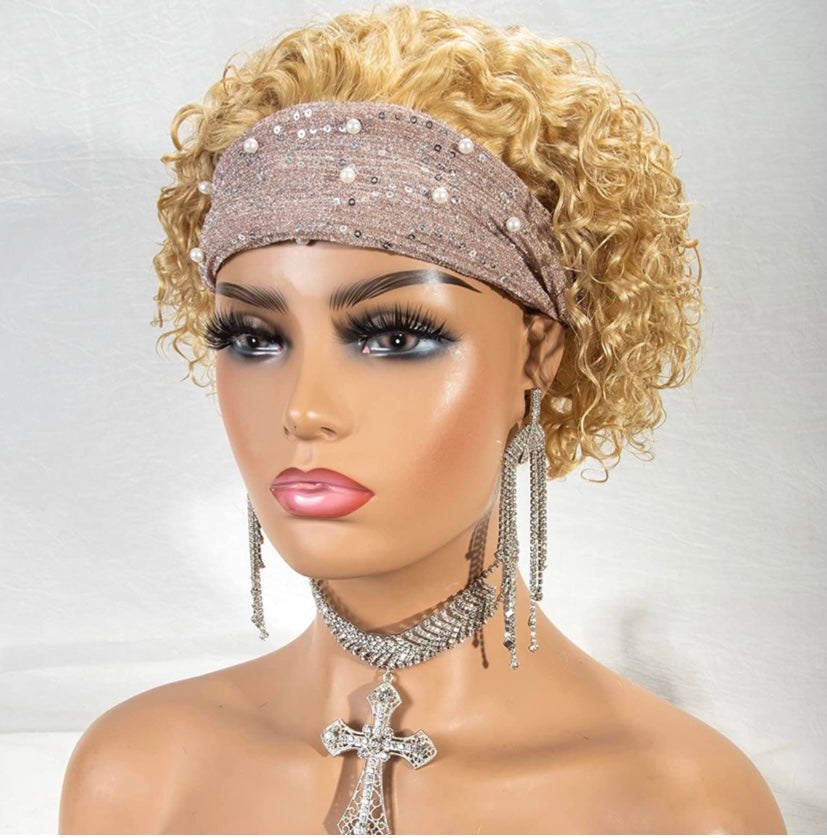Blonde Headband Wigs for Black Women 180 Density Glueless Pixie Cut Human Hair Wigs Short Curly Bob