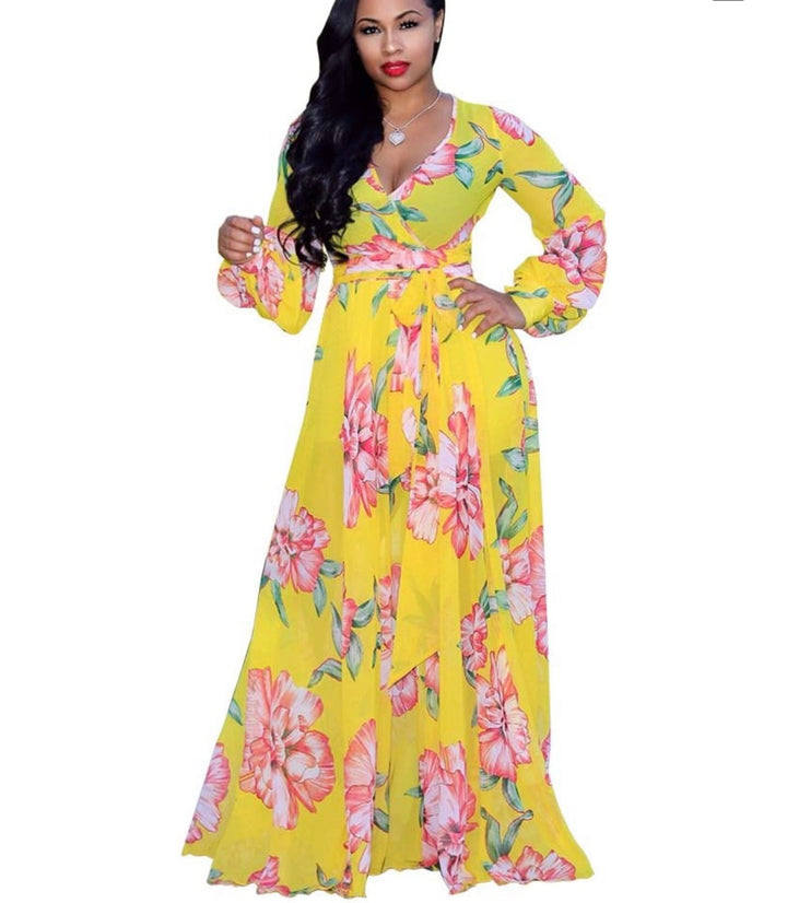 Women Yellow Chiffon Deep V-Neck Stripe Printed Maxi Dress Unique Loose Summer Boho Dresses High Waisted