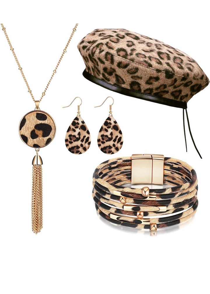 4 Pieces Women Leopard Jewelry Set French Beret Hat Leopard Leather Bracelet Earring Necklace