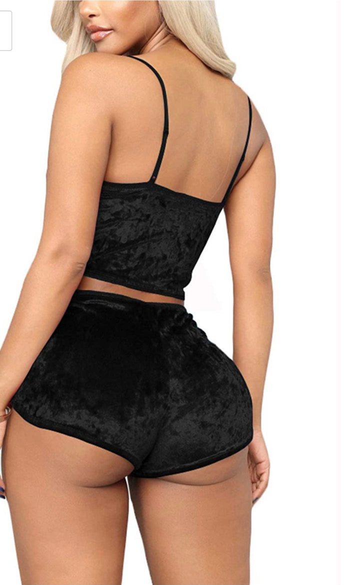 Women's Velvet 2 Piece Outfit Spaghetti Strap Sleeveless Crop Top+ Shorts Set