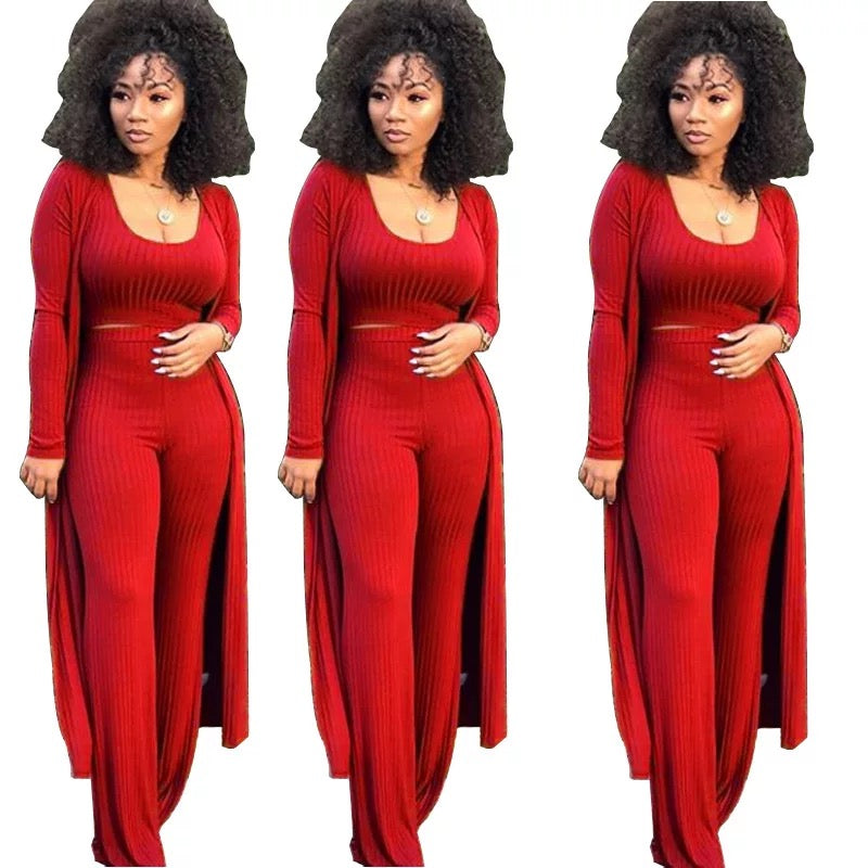 Women 3 Piece Outfits Ottoman Rib Open Front Cardigan Cover Up Crop Tank Tops Wide Leg Palazzo Pant Set Jumpsuit.