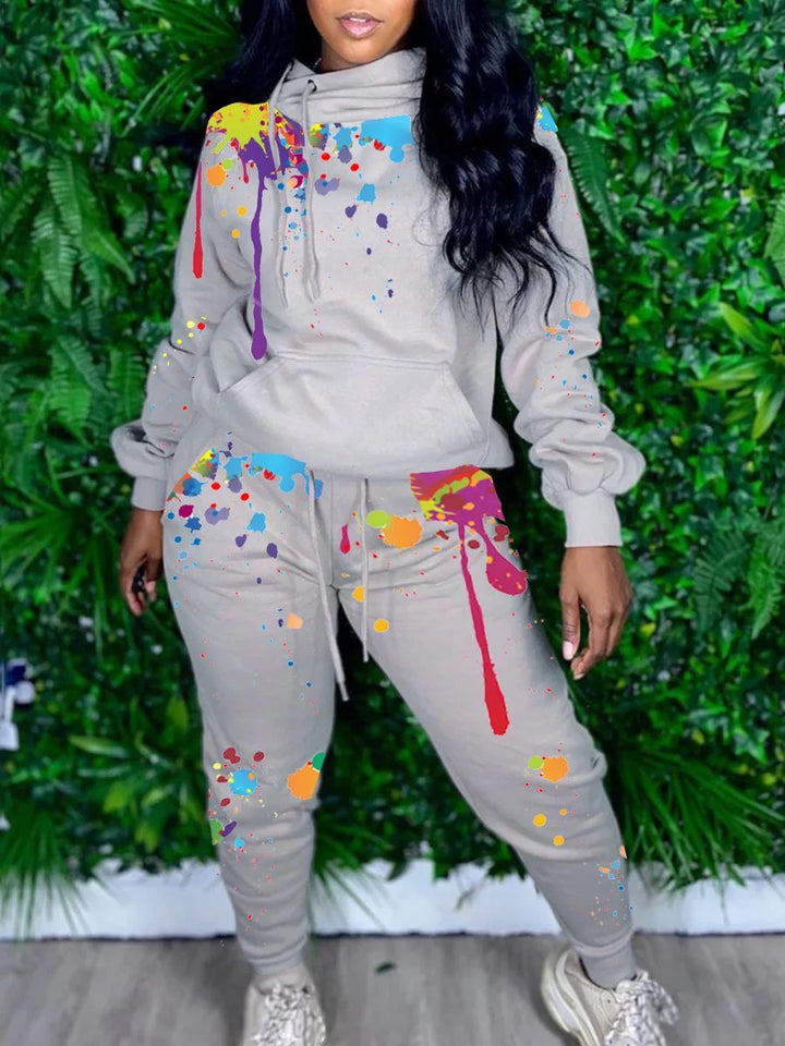 Two Piece Graffiti Tracksuit Set Long Sleeve Hoodie with Sweatpants