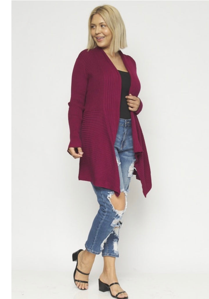 WINE LONG SLEEVE OPEN FRONT THICK KNIT CARDIGAN