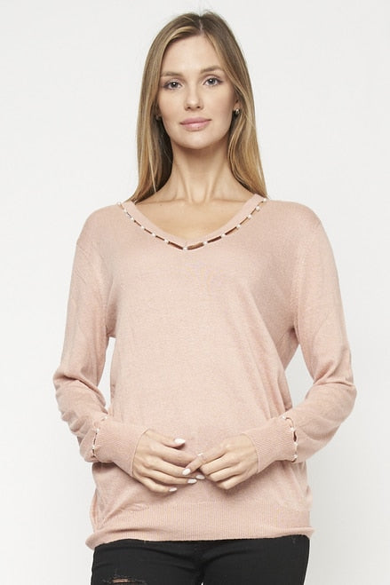 BLUSH KNIT LING SLEEVE V-NECK SWEATER TOP