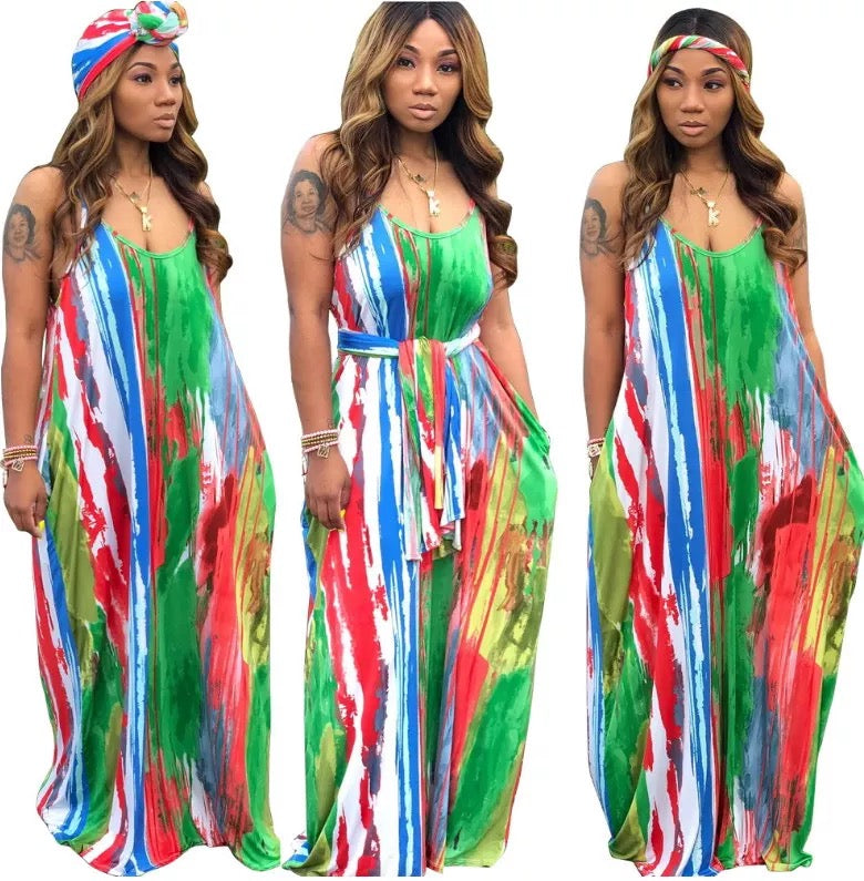 Womens Casual Spaghetti Strap Maxi Dress Loose Tie Dye Sleeveless V Neck A Line Skirts Dresses with Pockets Belt Plus Size