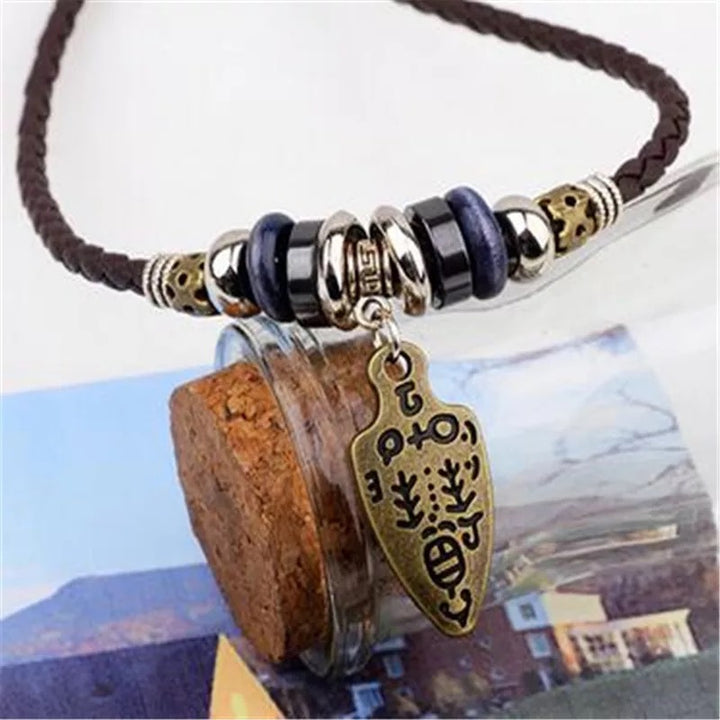 Men's Leather Necklace Wolf Tooth Wood Beads Beaded Tribal Style Amulet Necklace Jewelry