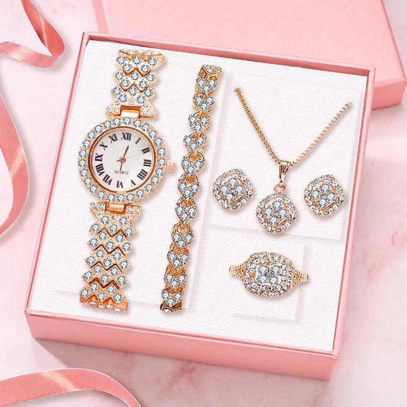 Gift Set Women's Watch Gold- Jewelry Set- Necklace-Ring- Earrings