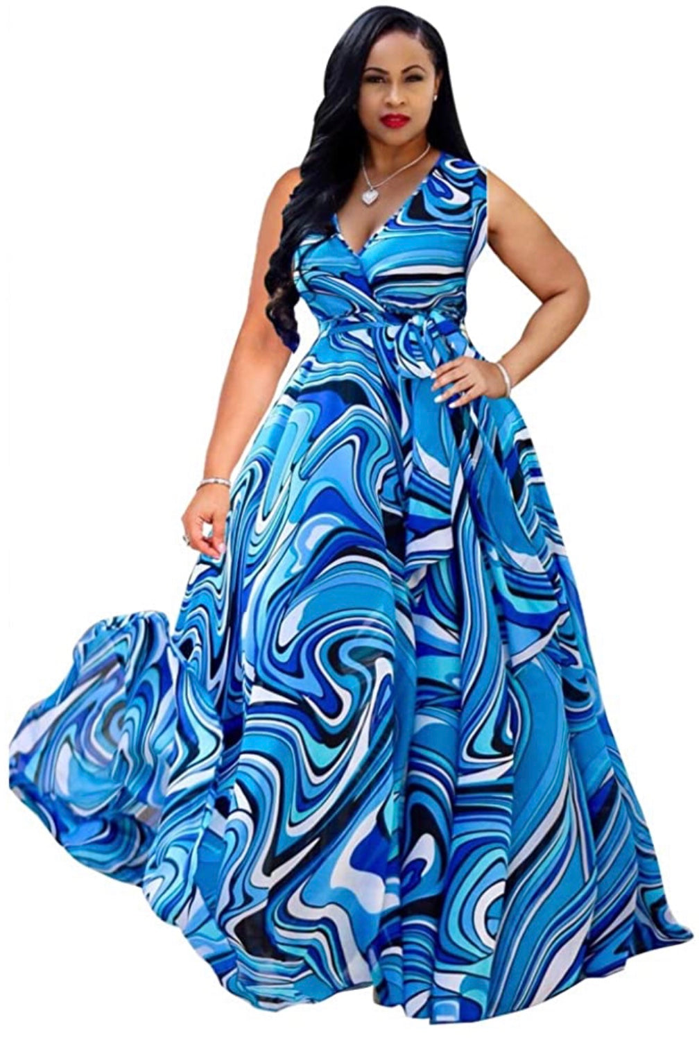 Women Blue Chiffon Deep V-Neck Stripe Printed Maxi Dress Unique Loose Summer Boho Dresses High Waisted