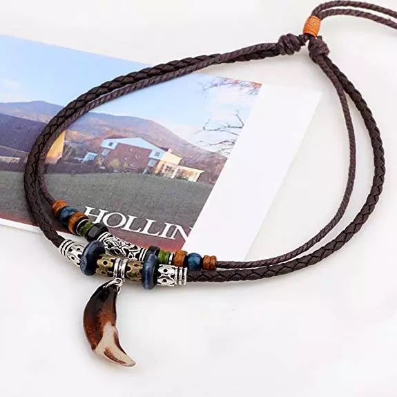 Men Leather Necklace Vintage Tribal Style Boho Hipppie Double Layered Black Braided Beaded Wolf Tooth Cross Pendant Necklace
