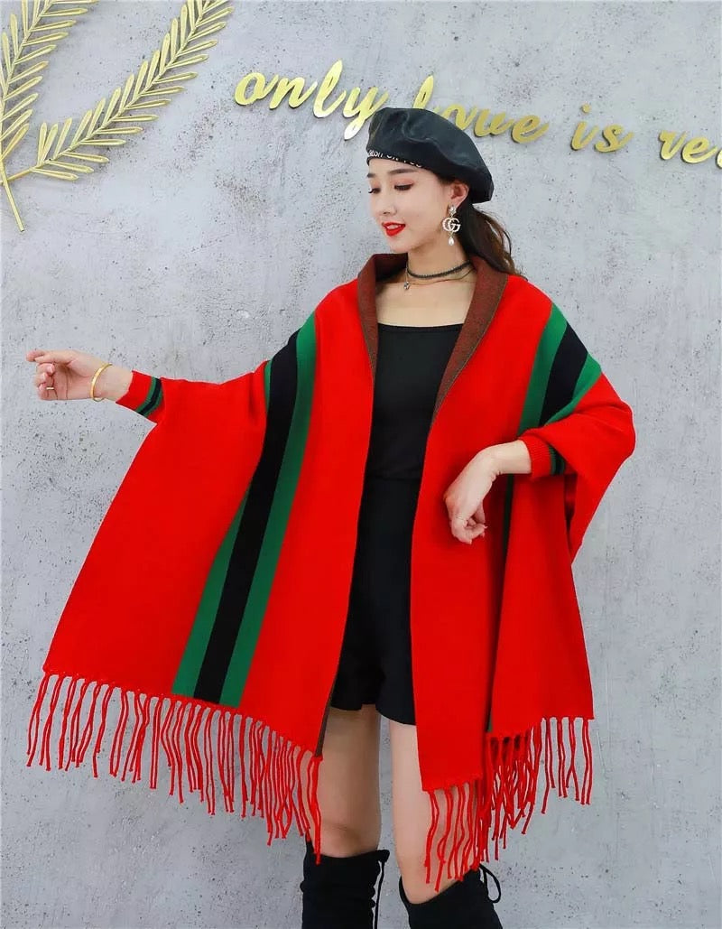 LUXURY RED PONCHO WITH SLEEVE