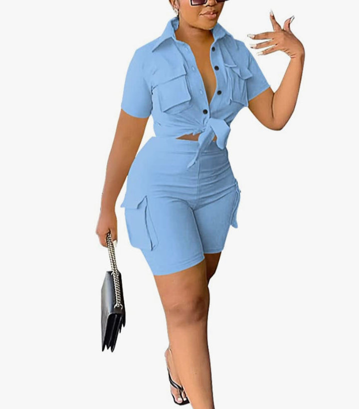 Women 2 Piece Sets Short Sleeve Button Down Blouse and Shorts Matching Sets