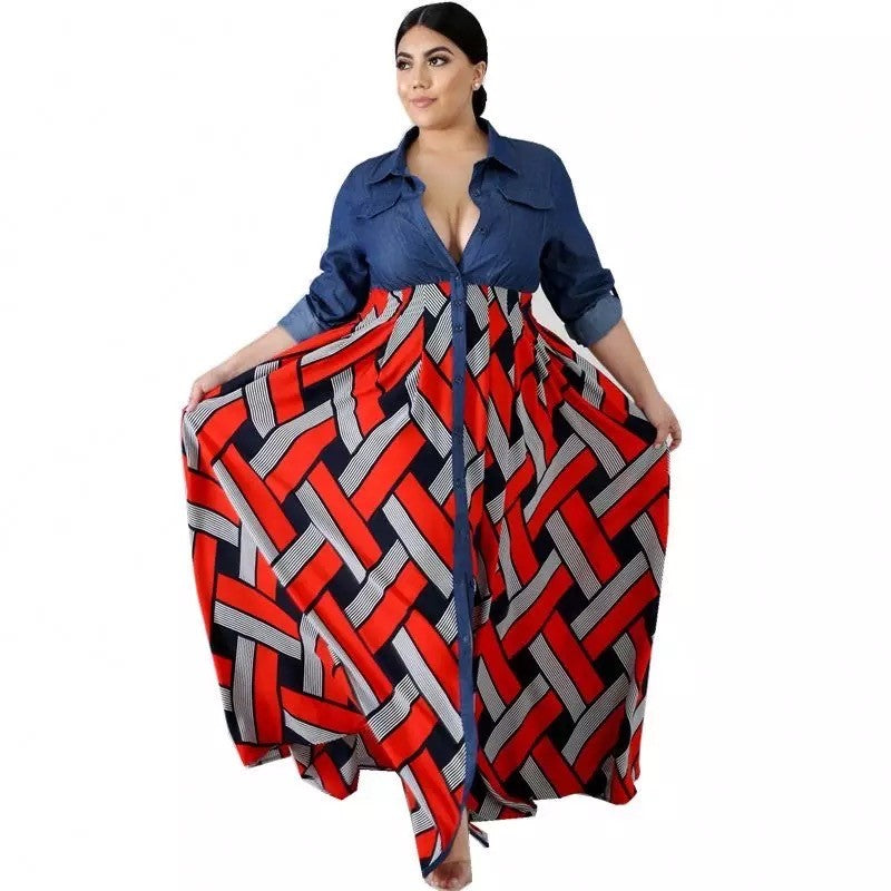 Denim Spliced Designs Woman One-piece Maxi Dress Red
